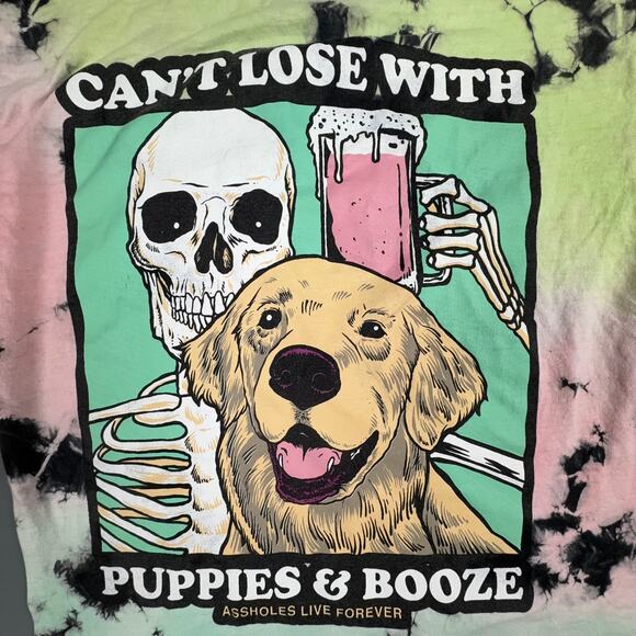 Linda Finegold Tie Dye Tee M Puppies & Booze Graphic Skeleton Dog Shirt - Picture 4 of 5